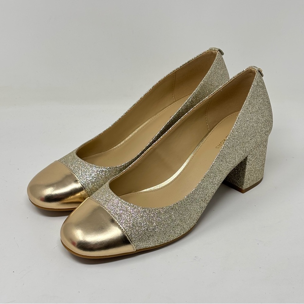 Michael Kors Perla Flex Gold Glitter Chunky Heel Pumps NWOT - Picture 1 of 10